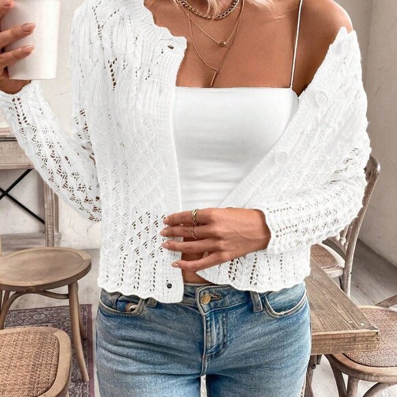 White Casual Women's Crew Neck Hollow Front Button Cardigan Knit Sweater - Picture 4 of 7